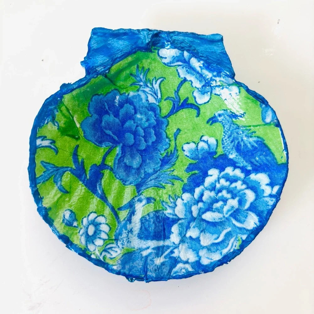 Handmade Scallop Shell Trinket Dish W/ Green and Blue Floral Decoupage Design